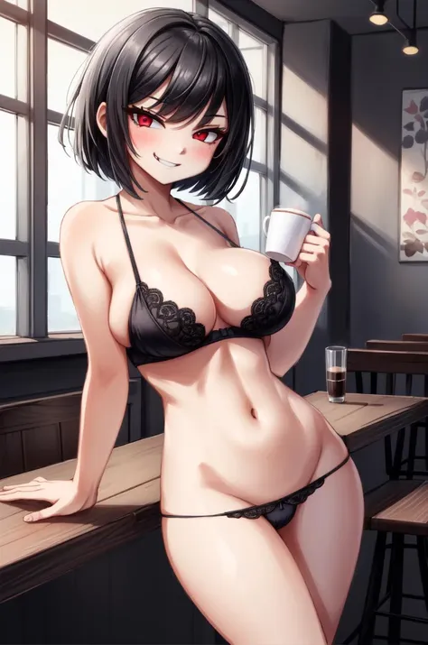 <lora:lowpanp-000008:1> <lora:ryoshu-lc-richy-v1:0.8> ryoshu,  black underpants,panties, lowleg, lowleg panties,1girl,masterpiece, top quality, super detailed, absurdity, smirk, table, coffee in hand, cafe, indoors, window,brassiere,large breasts, red eyes, black hair, short hair,(hi res), ((masterpiece)) , ((best quality)), illustration,   <lora:add_detail:0.5>