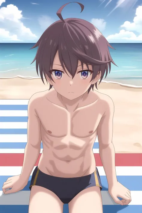 leonis death magnus, 1boy, solo, male focus, brown hair, purple eyes, ahoge, looking at viewer, outdoors, seaside, sitting, topless, blue swim trunks,