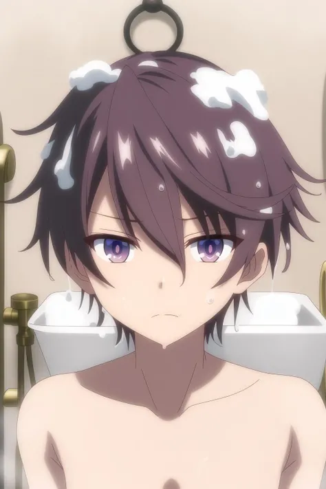 leonis death magnus, solo, 1boy, male focus, brown hair, shiny hair, wet hair, purple eyes, bathing, collarbone, bathtub, wet, closed mouth, nude, upper body, looking at viewer, indoors, bathroom, frown