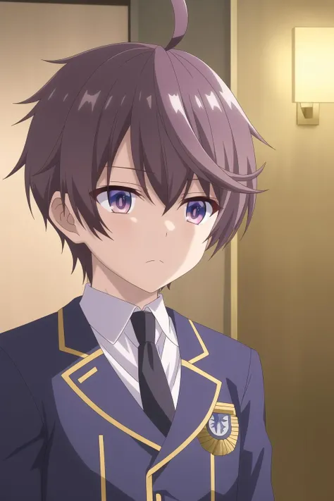 leonis death magnus, 1boy, male focus, solo, brown hair, purple eyes, ahoge, closed mouth, upper body, black necktie, long sleeves, white shirt, school uniform, indoors