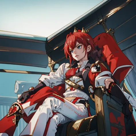 (ultra detailed:1.2) <lora:twisted_rosehearts-11> , riddle rosehearts, mini crown, gold trim, cape, white pants, black gloves, sitting down, crossed legs, red throne, palace, red and white, (from below:1.2), serious
