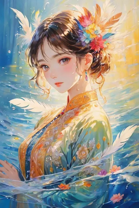 (masterpiece:1.2),best quality,Colorful portraits,multicolored,masterpiece,best quality,((an extremely delicate and beautiful)),floating,(detailed wet clothes),(detailed light),feather,nature,(sunlight),river,floating palace,beautiful and delicate water,(bloom),(shine),(wash painting),(ink s...),,