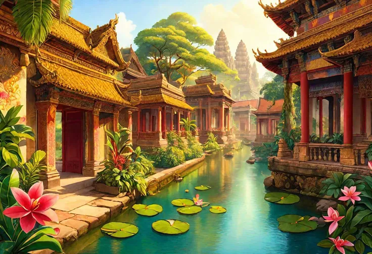 ultrahd, 4k, realistic, water village, tropical, canals, San Cristobal de Las Casas, plumeria, orchid, gilded cage, baroque, glass art, prism, wat, suncatcher, richly patterned brocade, washi paper walls, Algiers, Angkor Wat, Chinese flower garden, Hanging Gardens of Babylon, Puebla, Xochicalco, flower boat, clear skies, fountain, cenote, neon, Chinese lantern, Jaiphur, Bukkhara,