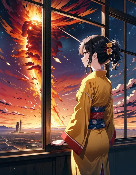 masterpiece, best quality, 1girl, yellow kimono, looking out of window, night, stars, (((meteor strike))), red sky, fire