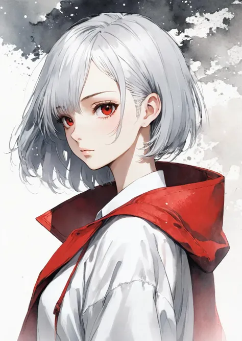 1girl
silver hair
buzz cut
red coat
white shirt
color ink by sui ishida