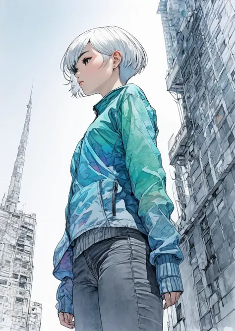 1girl
standing on a tall building
closeup detailed face
perspective, from below
silver hair
buzz cut
( gradient, colorful
color ink sketch by sui ishida)