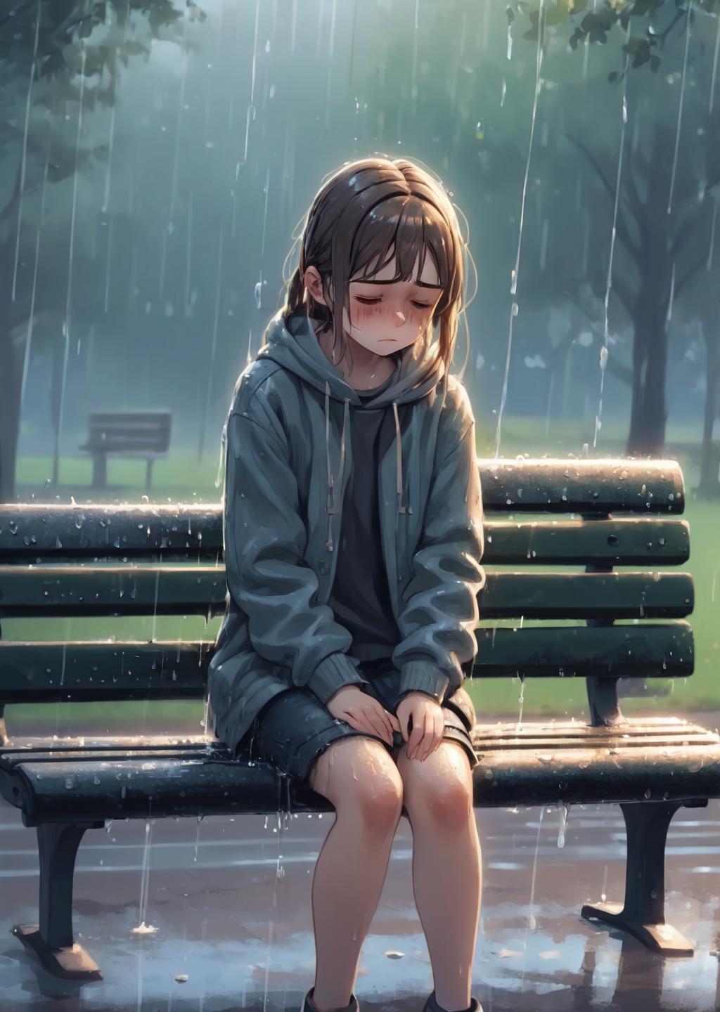 There is a girl sitting on a bench in the rain - SeaArt AI