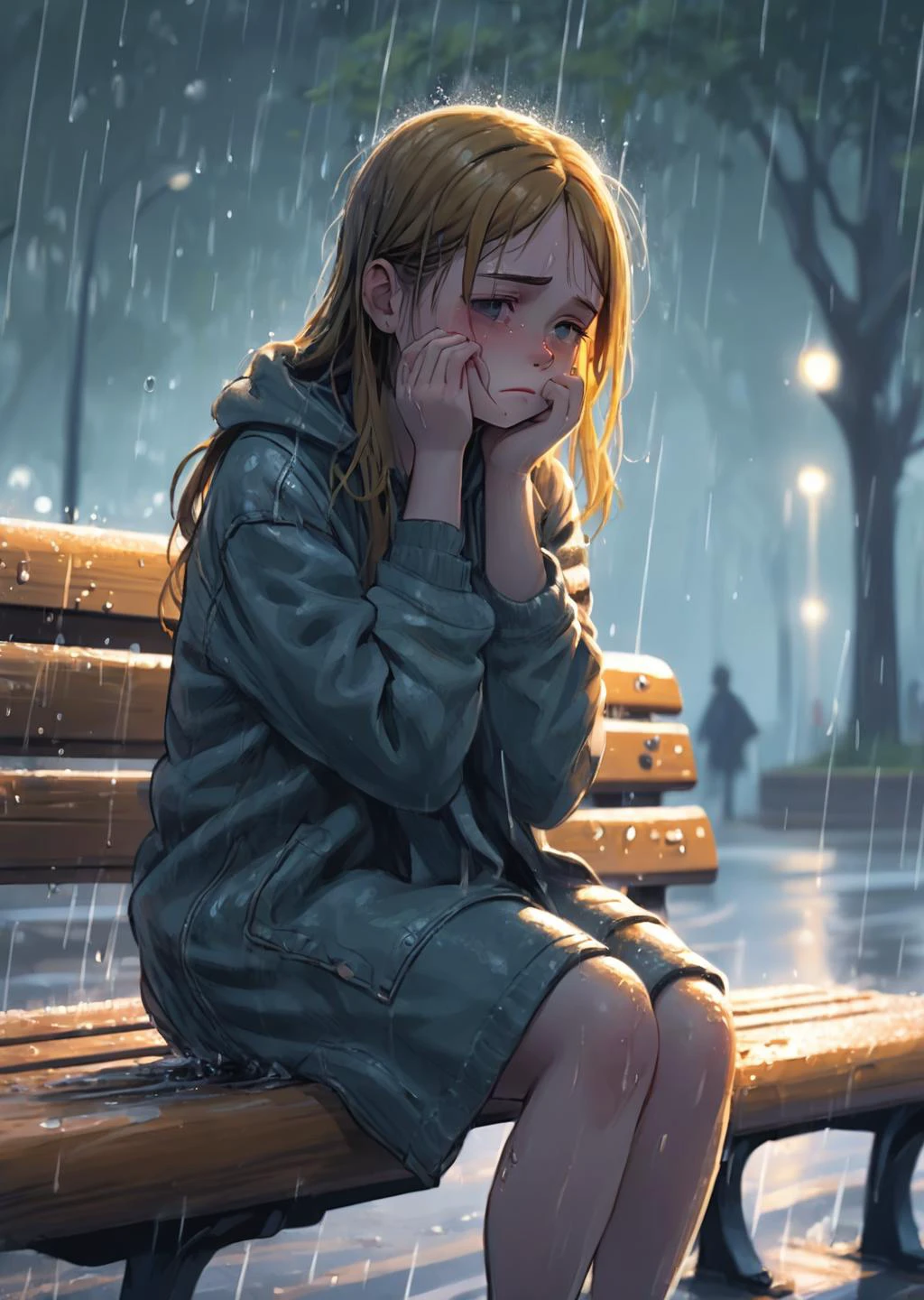 1girl sit on bench
closeup
wet
sad cry
raining
gradient
park