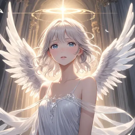 (((masterpiece))), (((best quality))), ((ultra-detailed)), (illustration), (detailed light),((an extremely delicate and beautiful)),(beautiful detailed eyes), (sunlight),(angel),solo,young girls,dynamic angle,floating, bare_shoulders,looking_at_viewer ,wings ,arms_up,halo,Floating white silk,(Holy Light),just like silver stars imploding we absorb the light of day