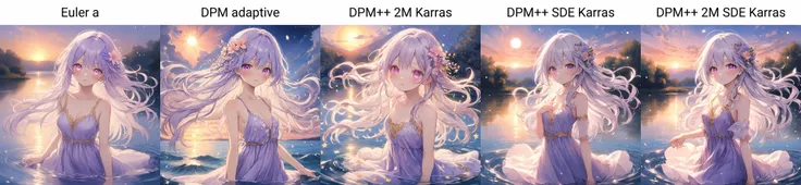 {{{masterpiece}}}, {{best quality}}, {{super fine illustration}}, {{beautiful and delicate water}}, {{beautiful and detailed eyes}, {very detailed light}, {perfect and delicate limbs}, {nature}, {painting}, {water bloom}, {delicate glow}, {{very fine 8KCG wallpaper}}, lavender eyes, peach pink pupils, whole body, white hair, luminous eyes, an extremely delicate and beautiful girl, (1 girl), medium chest circumference, dynamic angle, (Violet dress with gold decoration), (long hair floating everywhere), (beautiful hair decoration), (delicate wet dress), (nsfw), (breeze), long hair blown up, ((messy hair style)), (long bangs between eyes), wrinkled skirt, Flowers meadow, near the water edge, (((sunset)), (less stars form a circle), randomly distributed clouds, (rivers), (willows with branches falling into the water)