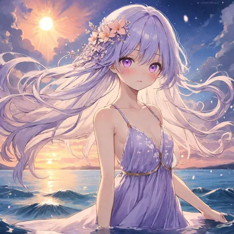 highest quality、Woman with long light purple hair、Slim figure、Sleeveless light blue see-through dress、Back exposure、Standing on a lake in the moonlight