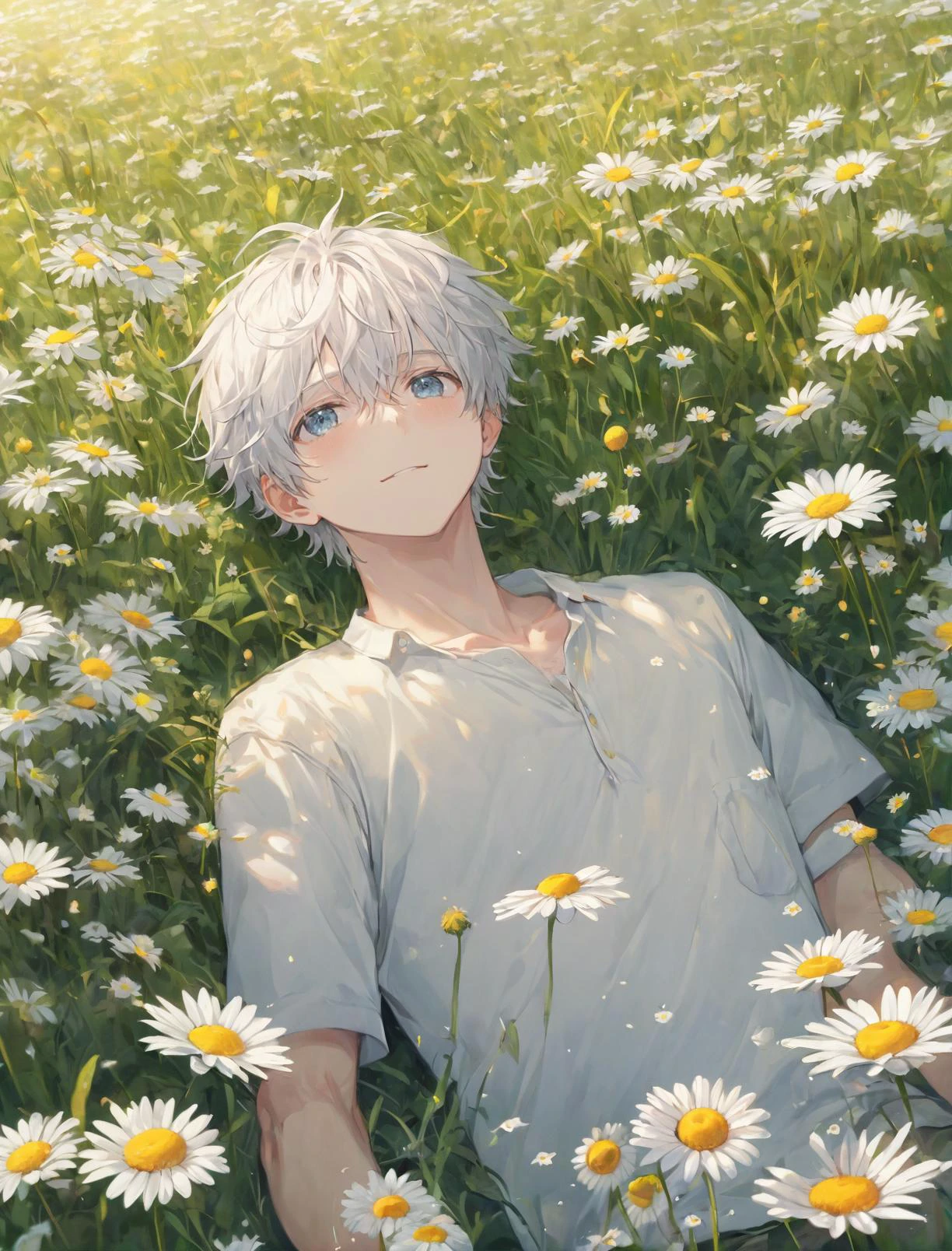 (masterpiece), (best quality), (super fine illustration), (beautiful and detailed eyes), {very detailed light}, {painting}, {{very fine 8K CG wallpaper}}, upper body, anime, (1man:1.1), lying in the field of flower, daisy, beautiful detailed eyes