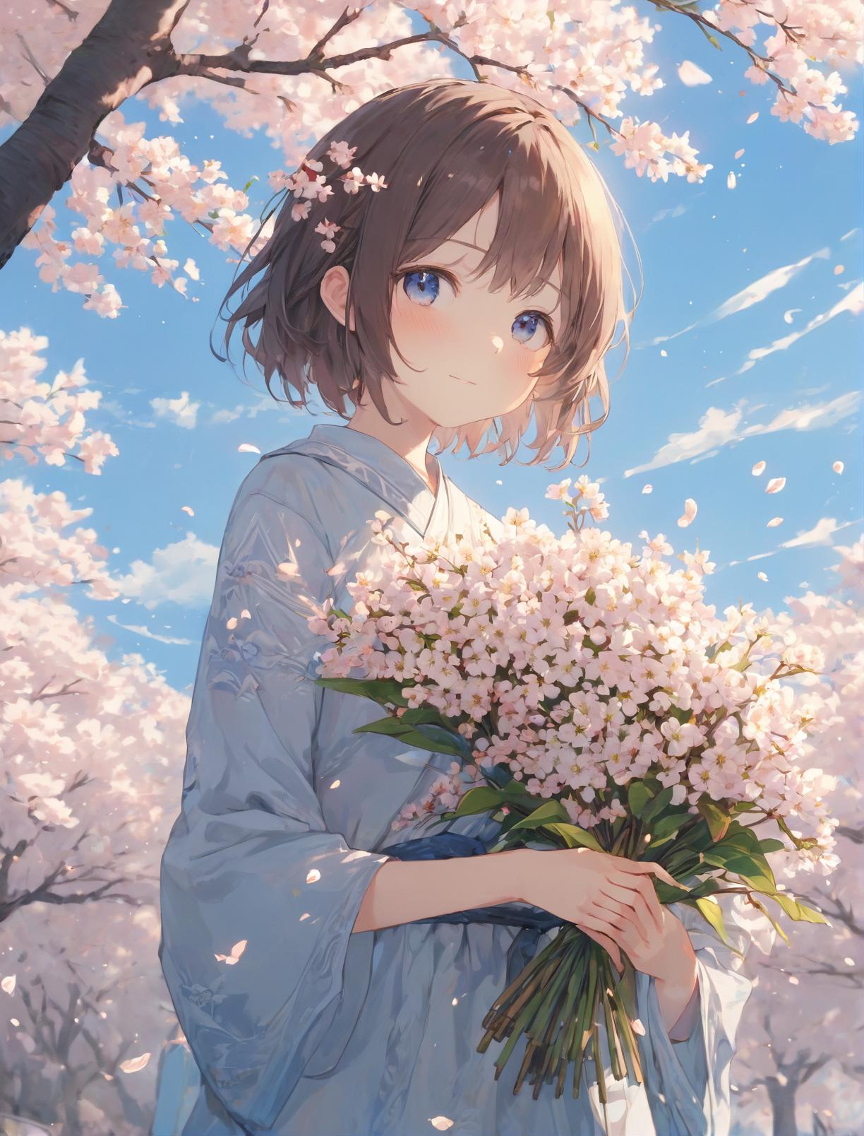 Anime girl with flowers in her hand standing under a tree - SeaArt AI