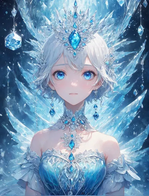 (masterpiece), (best quality), (super fine illustration), (beautiful and detailed eyes), {very detailed light}, {painting}, {{very fine 8K CG wallpaper}}, anime, 1girl, solo, beautiful detailed ice, beautiful detailed water, ice palace, galaxy, gem, jewelry, necklace,