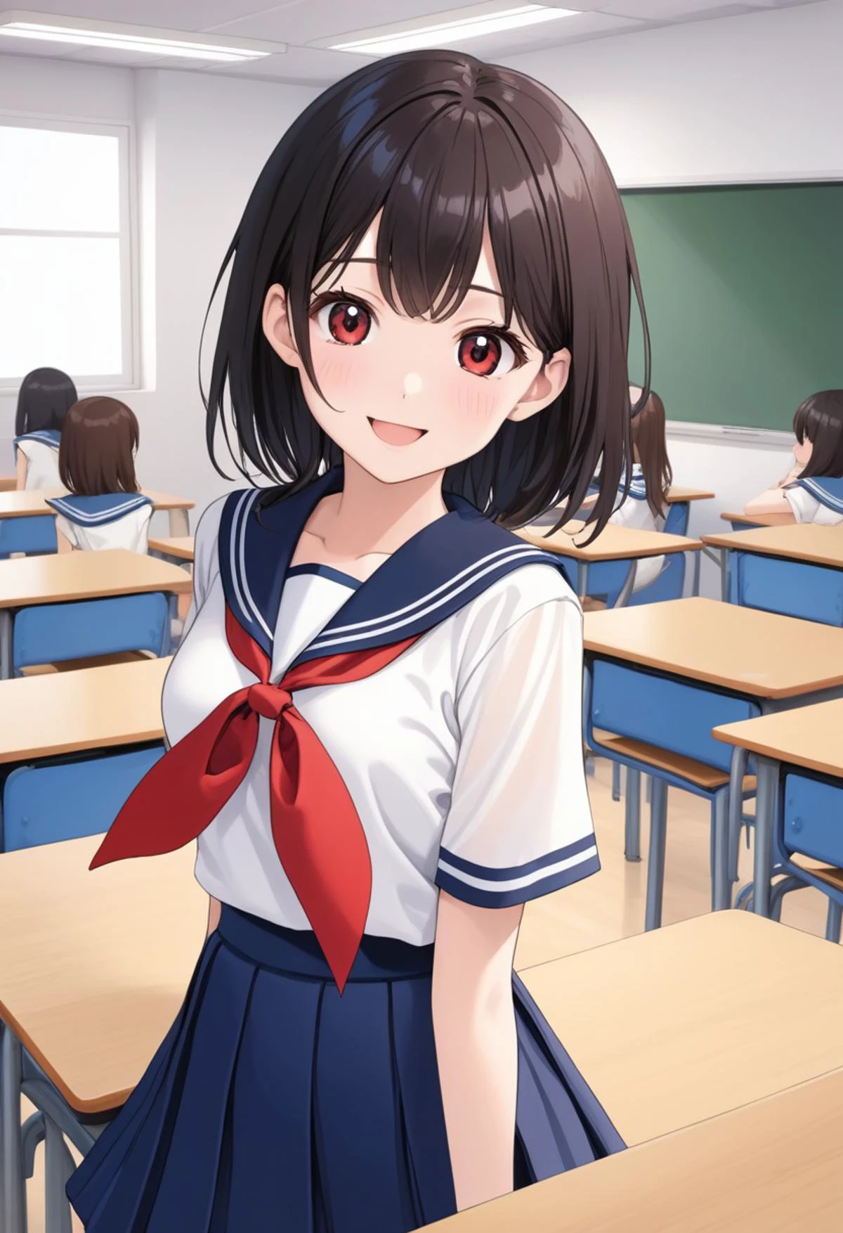 1girl (white sailor-fuku, short sleeve, deep blue collar, deep blue skirt, red neckerchief:1.5) BREAK (cute,smile,bare face,big eyes, open mouth, black hair:1.4) straight hear, medium hair, short tall, cowboy shot (in classroom, hands behind back:1.5) (dynamic pose,dynamic angle:1.2) BREAK japanese, japanese idol, black eyes (best quality, ultra high res, Realistic, RAW photo, real person, portrait photography, photorealistic, detailed skin, fair skin, beautiful detailed eyes) <lora:neg4all_bdsqlsz_xl_V7:0.8>