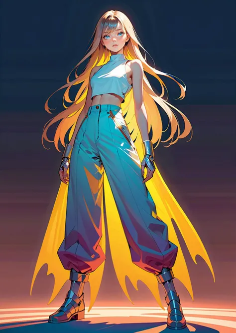 1 female beautiful battle stance
mechanical arms sleeveless oversized pants
gradient color, shadow
detailed
(art by Ryan
McGinley Anna Dittmann)