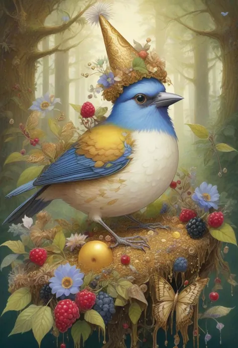 Whimsical and beautiful fantasy bird with party hats, encircling a feast of birdseed and berries, forest setting, art by James Christensen, magical forest, covered in botanicals and flowers, ornate, hyper detailed face and eyes, dripping paint, overgrown, abandoned, intricate, filigree, mother of pearl, 3D, fabulous, fantastical, gold leaf trim, magical, masterpiece painting, hyper detailed, captivating, enchanting, intense, scattered light, composed using the golden ratio, award winning, perfect composition, ultra hd, 8K, realistic, highly detailed, lighting by Vladimir Volegov and Steve Hanks