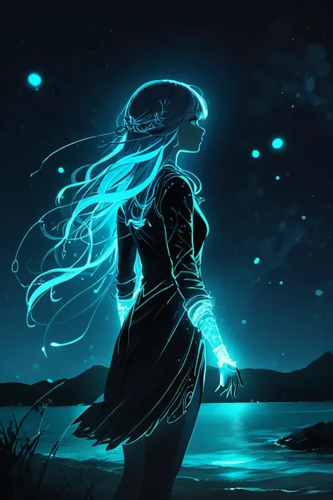 bioluminescent woman,outdoors,night,glowing,magical,