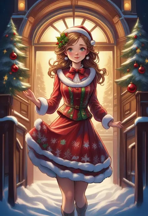 An adorable young woman dressed in christmas themed clothes, christmas accessories, art nouveau style, by dan mumford, by leonardo da vinci, dynamic light and shadow, digital art