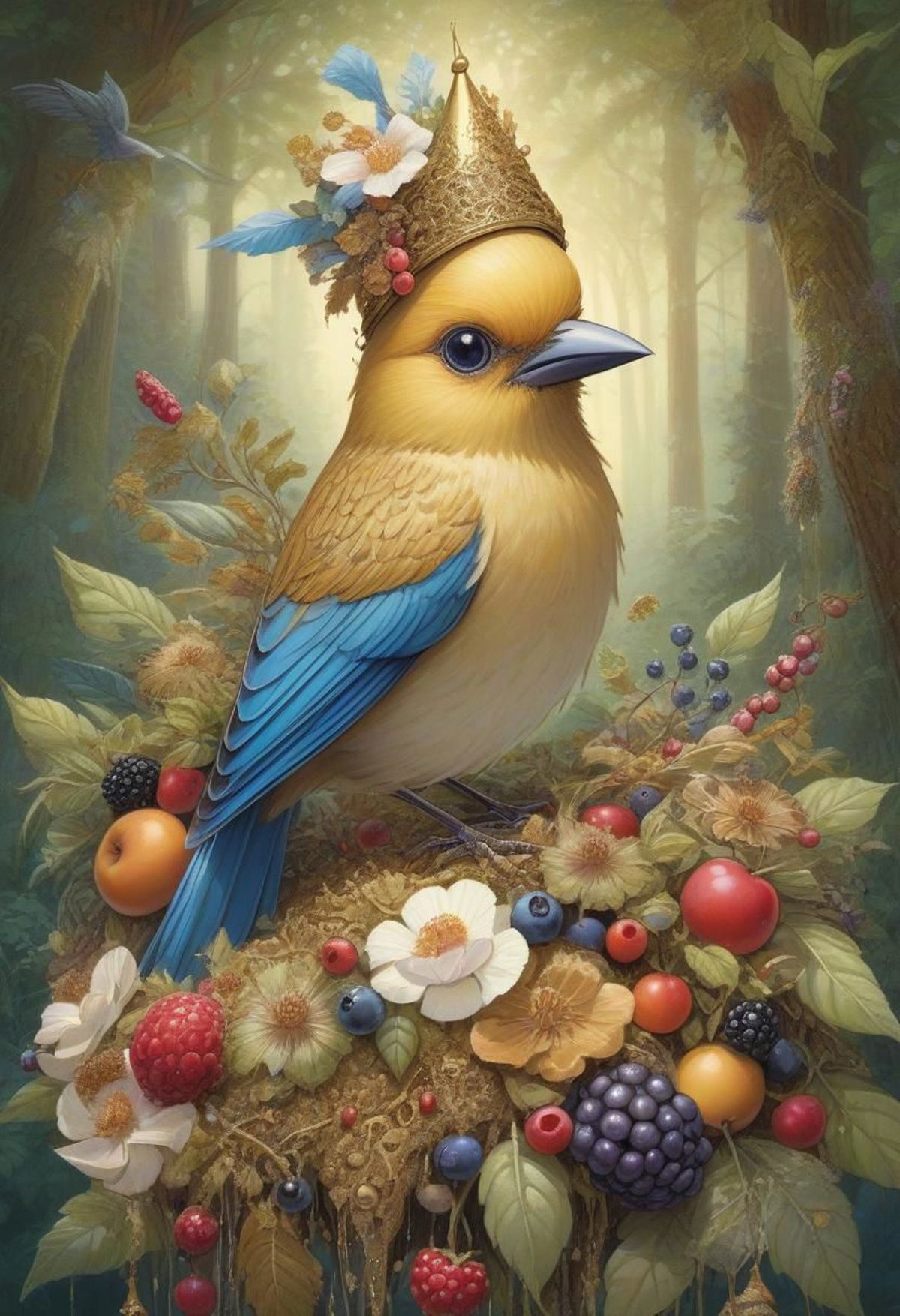 A close up of a bird with a crown on a tree stump - SeaArt AI