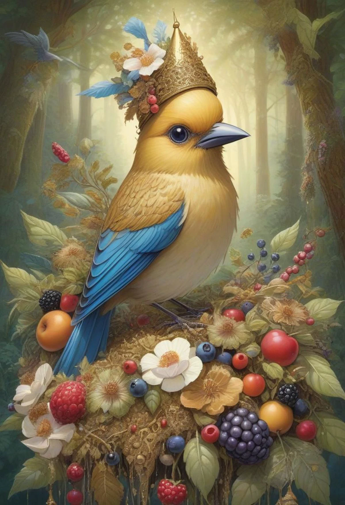 Whimsical and beautiful fantasy bird with party hats, encircling a feast of birdseed and berries, forest setting, art by James Christensen, magical forest, covered in botanicals and flowers, ornate, hyper detailed face and eyes, dripping paint, overgrown, abandoned, intricate, filigree, mother of pearl, 3D, fabulous, fantastical, gold leaf trim, magical, masterpiece painting, hyper detailed, captivating, enchanting, intense, scattered light, composed using the golden ratio, award winning, perfect composition, ultra hd, 8K, realistic, highly detailed, lighting by Vladimir Volegov and Steve Hanks