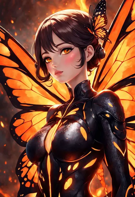 Beautiful woman Butterfly, lava, wings. detail, molten lava, glow, detailed texture