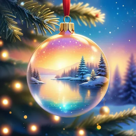 ultra detailed fantasy illustration, focal Christmas ball, mesmerizing details, iridescent skin, rich gradient of colors, captivating highlights, angled slightly from below, whimsical fantasy world, dreamlike quality, painterly and soft, floating above enchanted water, mystical Christmas tree clearing, golden hour illumination, otherworldly radiance, fantasy bokeh, vintage lens with shallow depth of field, analog film effect, 35mm focal length, post-processed for dreamy atmosphere, 4k resolution, draws viewers into a realm of imagination and beauty.