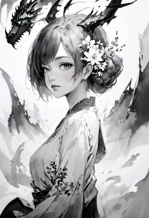 <lora:xl_shuimo-000012:1>painted world ,ink wash painting style, monochrome, greyscale, solo, white background, looking at viewer, simple background, makeup, looking back, hair ornament, lipstick, flower, updo, upper body, dragon