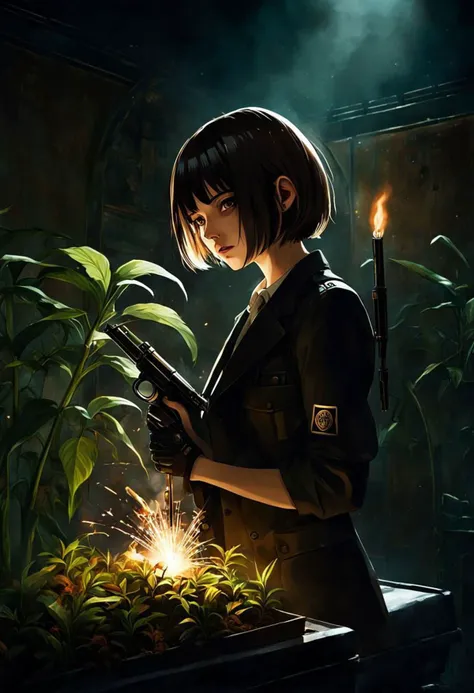 Leon, professional assassin with Mathilda, pot of plant, cool, calm, young, cute, beautiful, Gothic, natural beauty, slim and sexy,
high quality, hyper realistic, HD, 8k, Cinematic Scene, dramatic lighting, cinematic, epic Steven Spielberg still, sharp focus, emitting diodes, smoke, artillery, sparks, racks, system unit, resolution blade runner