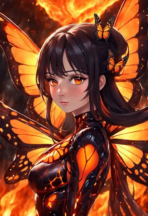 Beautiful woman Butterfly, lava, wings. detail, molten lava, glow, detailed texture