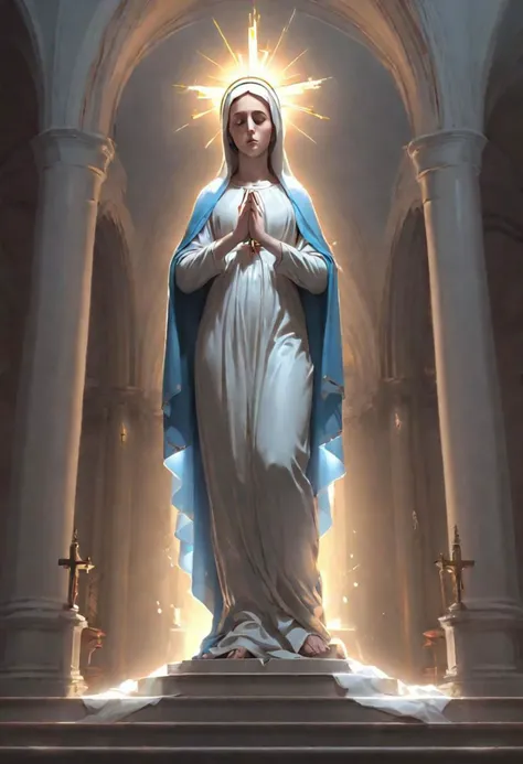 full body of virgin mary in a church with a holy light emanating from her body by wlop and greg rutkowski, in digital art illustration style. hyper detailed, smooth, sharp focus, trending on artstation, 4k