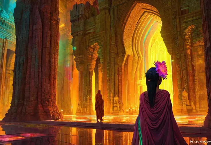dark, Varanasi, Phnom Penh, Bukkhara, antique, wat, Hanging Gardens of Babylon, fantasy city suspended over sea, sci-fi, Jaiphur, crystal bead curtain, prism, dichroic glass, cyberpunk, baroque, mirrors, Angkor Wat, neon, crystal flowers, Katrina Antonovich, Tower of Babel, beehive, glass art, iridescent, flowing honey, light installation, mirrors installation, rain, exotic flowers, coral reef, glass lotus, tourqoise waters, marine, diamond rain,