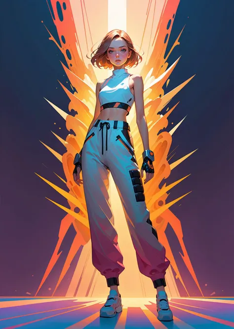 1 female beautiful battle stance
mechanical arms sleeveless oversized pants
gradient color, shadow
detailed
(art by Ryan
McGinley Anna Dittmann)
