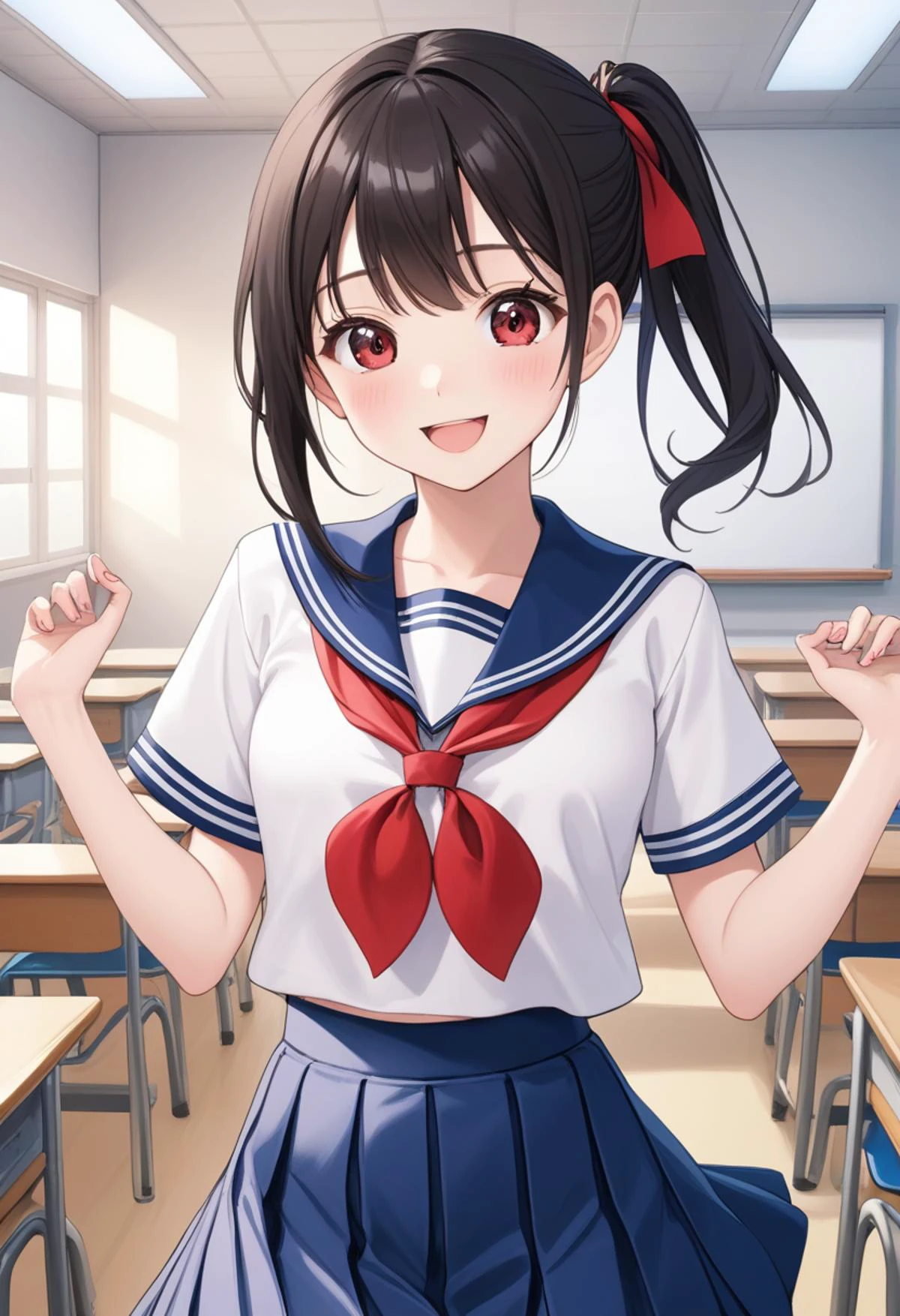 1girl (white sailor-fuku, short sleeve, deep blue collar, deep blue skirt, red neckerchief:1.5) BREAK (cute,smile,bare face,big eyes, open mouth, black hair:1.4) straight hear, ponytail, short tall, cowboy shot (in classroom, hands behind back:1.5) (dynamic pose,dynamic angle:1.2) BREAK japanese, japanese idol, black eyes (best quality, ultra high res, Realistic, RAW photo, real person, portrait photography, photorealistic, detailed skin, fair skin, beautiful detailed eyes) <lora:neg4all_bdsqlsz_xl_V7:0.8>