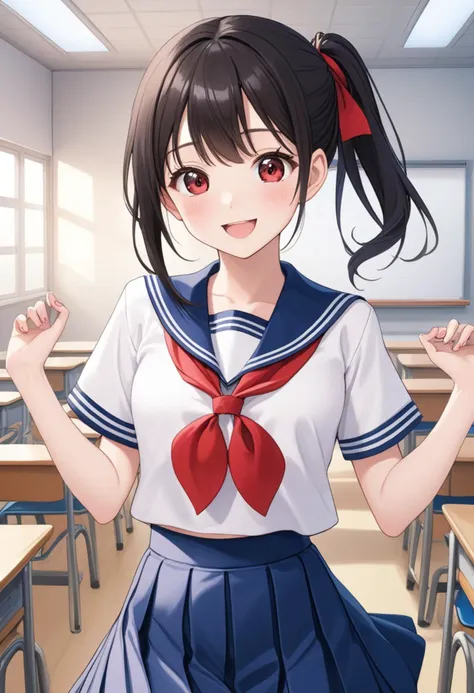 1girl, teen (white sailor-fuku, short sleeve, deep blue collar, deep blue skirt, red neckerchief:1.5) BREAK (cute,smile,bare face,big eyes, open mouth, black hair:1.4) straight hear, ponytail, short tall, cowboy shot (in classroom, hands behind back:1.5) (dynamic pose,dynamic angle:1.2) BREAK japanese, japanese idol, black eyes (best quality, ultra high res, Realistic, RAW photo, real person, portrait photography, photorealistic, detailed skin, fair skin, beautiful detailed eyes) <lora:neg4all_bdsqlsz_xl_V7:0.8>