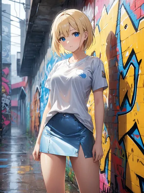 best quality, masterpiece, cowboy shot, close-up, pov, depth of field, face focus, light rain, after rain, ray tracing,
A girl standing in front of graffiti wall.,
1girl, standing, blue eyes, white hair, short hair, hairclip, light yellow shirt, short sleeves, white miniskirt, looking at viewer, arms behind back, blush, small breasts,
break, graffiti wall in background, wet street,
