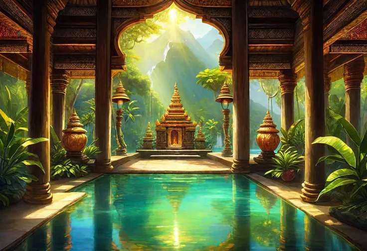Bali, tourqoise waters, light installation, crystal bead curtains, fantasy palace, baroque, iridescent, prismatic, elven, oriental lamps, buddhist architecture, asian palace, divider screens, bohemian lamp, reflective marble floors, Bangkok royal palace, Jaiphur, plumeria, Bali jungles, Hawaii jungles, volcano in distance, mangrove, capri blue, resort, luxury, nighttime, giant lotuses in water, tropical, ultrahighres, 4k