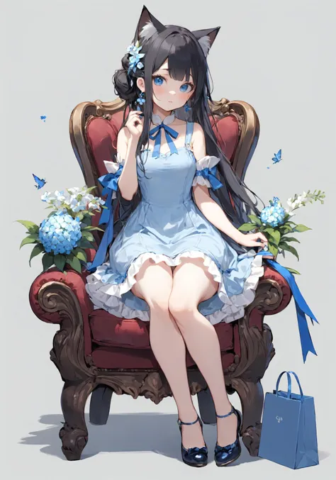 1girl, cat girl, cat ears, cat tail, anal tail, sitting, chair, side ponytail, one side up, dress, white dress, flower, black hair, blue footwear, solo, grey background, blue eyes, bangs, closed mouth, bell, shoes, blush, hair rings, short sleeves, jewelry, standing, long hair, very long hair, bag, full body, blue nails, looking at viewer, earrings, hand up, ribbon, white flower, jingle bell, nail polish, red ribbon, simple background, collarbone, blue flower, bracelet, plant, wide sleeves, shoulder bag, neck ribbon, potted plant, fingernails, twin braids, tassel, lantern, bare legs, collared dress, white background, neck bell, no socks, collar, hair ornament, vase, high heels, blue ribbon, hair ribbon, sitting, chair