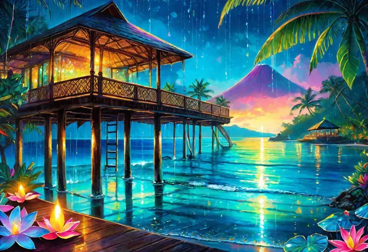 pier over sea, Bali, tourqoise waters, , glass lotus, crystal rain, fantasy palace, iridescent, glass art, diamond rain, exotic flowers, neon, plumeria, Bali jungles, Sumatra jungles, Hawaii jungles, volcano in distance, mangrove, capri blue, resort, luxury, bioluminescent plankton, nighttime, leatherback sea turtles in distance, glowing leatherback turtles, giant lotuses in water, tropical, ultrahighres, 4k