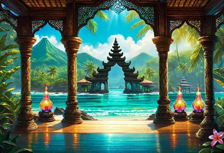 pier over sea, Bali, tourqoise waters, glass sculpture, light installation, crystal bead curtains, baroque, iridescent, prismatic, fantasy palace, elven, oriental lamps, buddhist architecture, asian palace, divider screens, bohemian lamp, suncatcher, Jaiphur, plumeria, Bali jungles, Hawaii jungles, volcano in distance, mangrove, capri blue, resort, luxury, nighttime, giant lotuses in water, tropical, ultrahighres, 4k