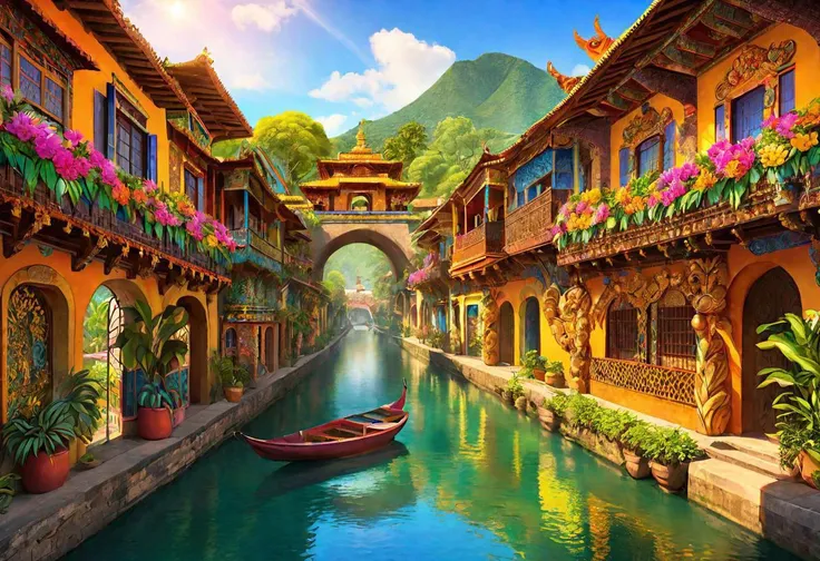 ultrahd, 4k, water village, tropical, rainforest, canals, San Cristobal de Las Casas, plumeria, orchid, clockwork, gold wire, wat, baroque, glass art, prism, suncatcher, richly patterned brocade, Puebla, Jaiphur, Bukkhara, Chinese flower garden, Hanging Gardens of Babylon, Xochicalco, flower boat, fountain, cenote,