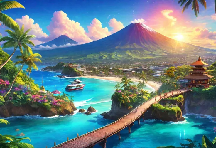 ultrahd, 8k, pier over sea, Bali, tourqoise waters, glass buildings, sci-fi japanese city, glass lotus, crystal rain, iridescent, , diamond rain, exotic flowers, neon, plumeria, Bali jungles, Sumatra jungles, Hawaii jungles, volcano in distance, mangrove, capri blue, resort, luxury, bioluminescent plankton, nighttime, giant lotuses in water, tropical, sense of scale, ultrahighres, 4k