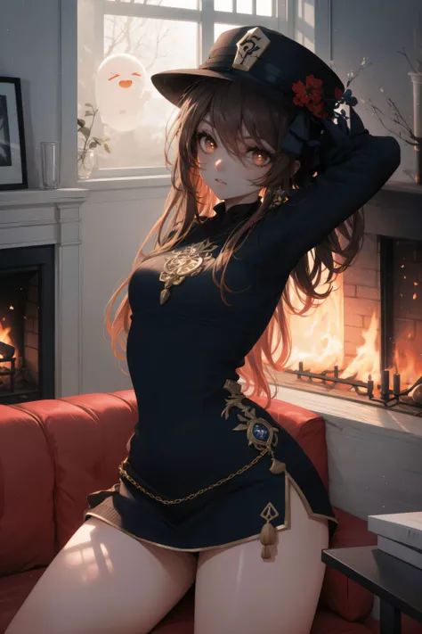 1girl, full lips, big eyes,(Shy:1.3) <lora:thicc_v2.3:1.1> (medium breasts:1.2), thick thighs,<lora:hutao_v2:1> hu tao(genshin impact), boo tao, symbol shaped pupils, brown hair, black top, black hat, (red eyes:1.3), (red irises:1.1),
simple background, (luxurious room interior:1.3), red couch, window, (fireplace:1.2), (One hand behind the head pose:1.3),
(masterpiece), perfect face, detailed face, detailed eyes, (expressive eyes), detailed hands, perfect anatomy, ultra sharp, cinematic light, hyper detailed, illustration, cowboy shot, correct anatomy, <lora:more_details:0.4> <lora:DW-000008:0.4> <lora:w<w[S:0.7> <lora:clothing details_v1.2_lbw:0.4> <lora:GoodHands-vanilla:0.7>