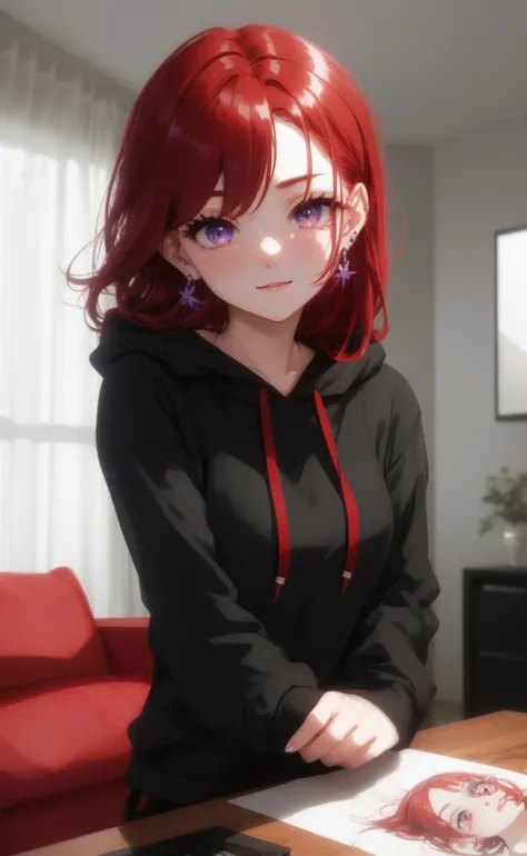 (Red hair), (Portrait style), Cute, Round face, Beautiful purple eyes, (Soft expression), Seductive smile, (Wearing a black hoodie), Golden cross earrings, Standing up, ((Earrings)),
Simple background, (Living room scene), Fancy bedroom scene,
(masterpiece), perfect face, detailed face, detailed eyes, (expressive eyes), detailed hands, perfect anatomy, ultra sharp, cinematic light, hyper detailed, illustration, cowboy shot, correct anatomy, <lora:more_details:0.4>, <lora:DW:0.4>, <lora:ç¼çå:0.7>, <lora:oil2.0_2-512-64:0.2> shiny skin,