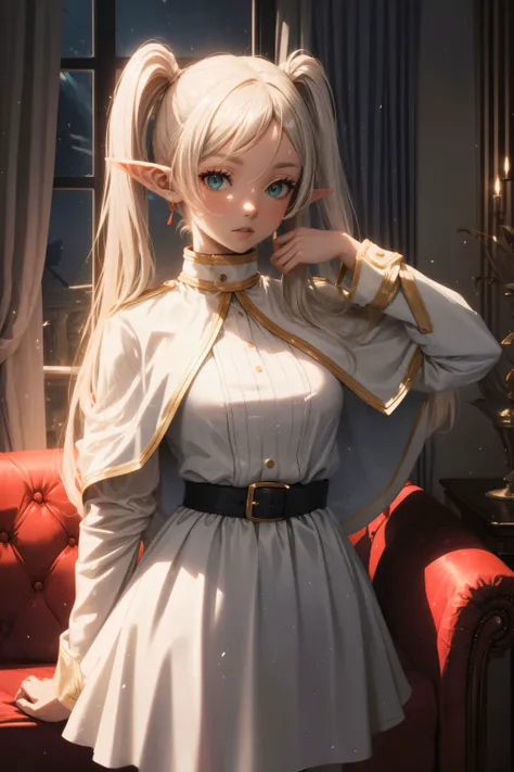 1girl, big eyes, full lips, (Nervous:1.3) <lora:thicc_v2.3:0.5> (small breasts:1.1),  <lora:frieren:0.7> frieren, 1girl, long hair, pointy ears, twintails, jewelry, elf, capelet, (white capelet:1.2), long sleeves, parted bangs, dress, belt, flower,
simple background, (luxurious room interior:1.3), red couch, window, night, (arm up:1.3),
(masterpiece), perfect face, detailed face, detailed eyes, (expressive eyes), detailed hands, perfect anatomy, ultra sharp, cinematic light, hyper detailed, illustration, cowboy shot, correct anatomy, <lora:more_details:0.4> <lora:DW:0.4> <lora:w<w[S:0.7> <lora:clothing details_v1.2_1_AD:0.4> <lora:GoodHands-vanilla:1>