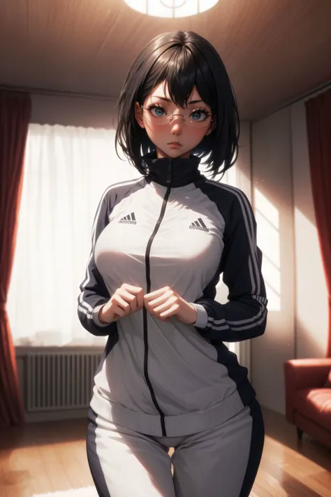 1girl, full lips, big eyes, (Nervous:1.3) <lora:thicc_v2.3:1.5> (medium breasts:1.1), thick thighs, narrow waist, <lora:shimizu_kiyoko_v1:0.7> aakiyoko, solo, short hair, black eyes, glasses, 1mole under mouth, track jacket, track pants,
simple background, (luxurious room interior:1.3), red couch, window, day, (breasts focus:1.3),
(masterpiece), perfect face, detailed face, detailed eyes, (expressive eyes), detailed hands, perfect anatomy, ultra sharp, cinematic light, hyper detailed, illustration, cowboy shot, correct anatomy, <lora:more_details:0.4> <lora:DW:0.4> <lora:w<w[S:0.7> <lora:clothing details_v1.2_1_AD:0.4> <lora:GoodHands-vanilla:1.0>