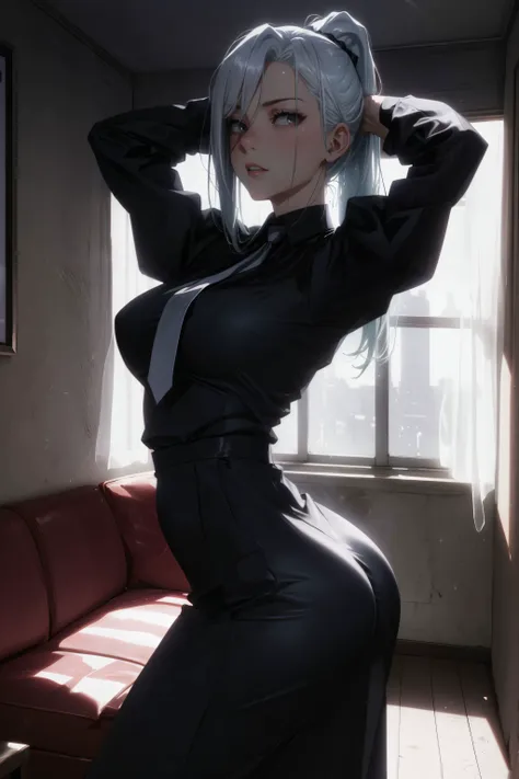1girl, big eyes, full lips, (Playful:1.3) <lora:thicc_v2.3:0.5> thick thighs, ass, (medium breasts:1.2), <lora:jjk_meimei_v2:0.7> meimeidef, hair over one eye, black dress, puffy sleeves, long sleeves, meimeipast, ponytail, black shirt, white necktie, long skirt, black skirt,
simple background, (luxurious room interior:1.3), red couch, window, night, (Arms above head pose:1.3),
(masterpiece), perfect face, detailed face, detailed eyes, (expressive eyes), detailed hands, perfect anatomy, ultra sharp, cinematic light, hyper detailed, illustration, cowboy shot, correct anatomy, <lora:more_details:0.4> <lora:DW:0.4> <lora:w<w[S:0.7> <lora:clothing details_v1.2_1_AD:0.4> <lora:GoodHands-vanilla:1>