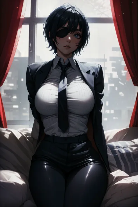 1girl, big eyes, full lips, <lora:thicc_v2.3:0.7>  hmn1, short hair, black hair, eyepatch, blue eyes, black necktie, collared shirt, black jacket, black pants, hmn1, eyepatch, (large breasts:1.1), thick thighs,
simple background, (luxurious room interior:1.3), red couch, window, night, (arms behind back:1.3), (looking away:1.3), (female hand, better hand:1.3), 
(masterpiece), perfect face, detailed face, detailed eyes, (expressive eyes), detailed hands, perfect anatomy, ultra sharp, cinematic light, hyper detailed, illustration, cowboy shot, correct anatomy, <lora:more_details:0.4> <lora:DW:0.4> <lora:w<w[S:0.7> <lora:clothing details_v1.2_1_AD:0.4><lora:shy:0.6> looking away,  <lora:himeno_(chainsaw_man)_v3:0.5>