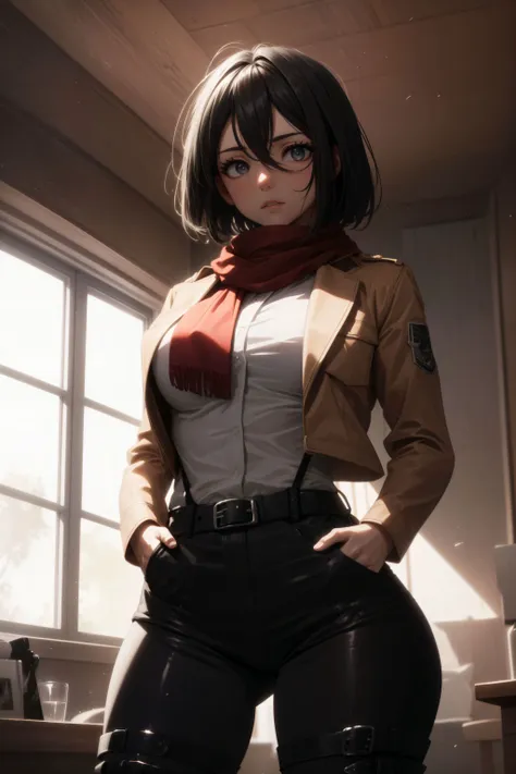 1girl, big eyes, full lips, (Shy:1.3) <lora:thicc_v2.3:1.7> (medium breasts:1.1), (thick thighs:1.1), narrow waist, <lora:mikasa_ackerman_v1:0.7> hmmikasa, short hair, black eyes, scarf, emblem, belt, thigh strap, red scarf, white pants, brown jacket, long sleeves,
simple background, (luxurious room interior:1.3), red couch, window, night, (Hands in pockets pose:1.3), from below,
(masterpiece), perfect face, detailed face, detailed eyes, (expressive eyes), detailed hands, perfect anatomy, ultra sharp, cinematic light, hyper detailed, illustration, cowboy shot, correct anatomy, <lora:more_details:0.4> <lora:DW:0.4> <lora:w<w[S:0.7> <lora:clothing details_v1.2_1_AD:0.4>