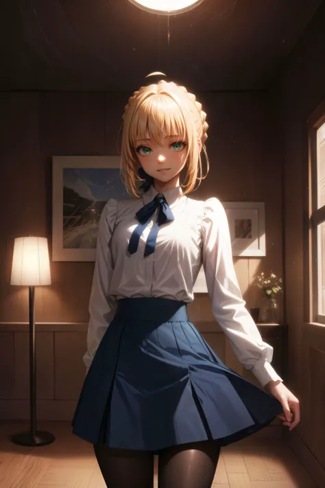 1girl, big eyes, full lips, (light smile:1.3),  <lora:thicc_v2.3:1.0> (thick thighs:1.2),  (small breasts:1.2),<lora:artoria_pendragon_v2:1> ccsaber, blonde hair, green eyes, ahoge, white shirt, blue skirt, black pantyhose,
simple background, (luxurious room interior:1.3), red couch, window, night, (arm support:1.3),
(masterpiece), perfect face, detailed face, detailed eyes, (expressive eyes), detailed hands, perfect anatomy, ultra sharp, cinematic light, hyper detailed, illustration, cowboy shot, correct anatomy, <lora:more_details:0.4> <lora:DW:0.4> <lora:w<w[S:0.7> <lora:clothing details_v1.2_1_AD:0.4> <lora:GoodHands-vanilla:0.7>